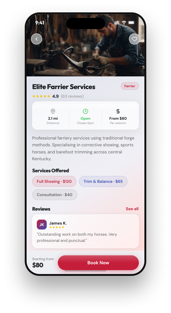The Equine Directory app — farrier service detail screen