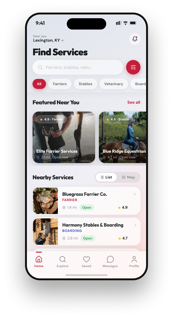 The Equine Directory app — home screen showing nearby farriers, stables and veterinary services
