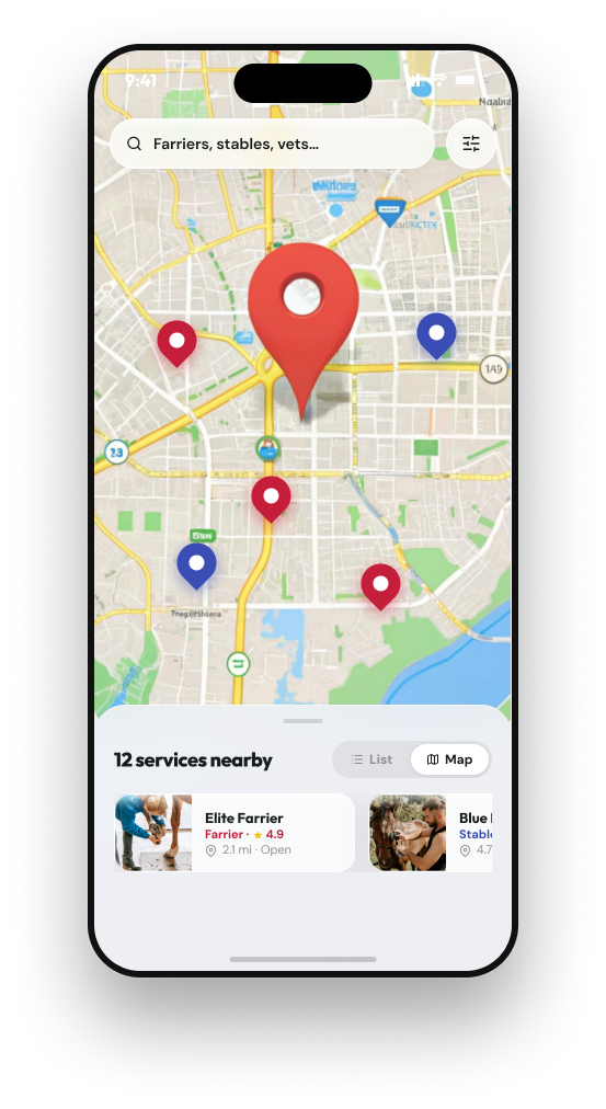 Live map showing nearby equine services